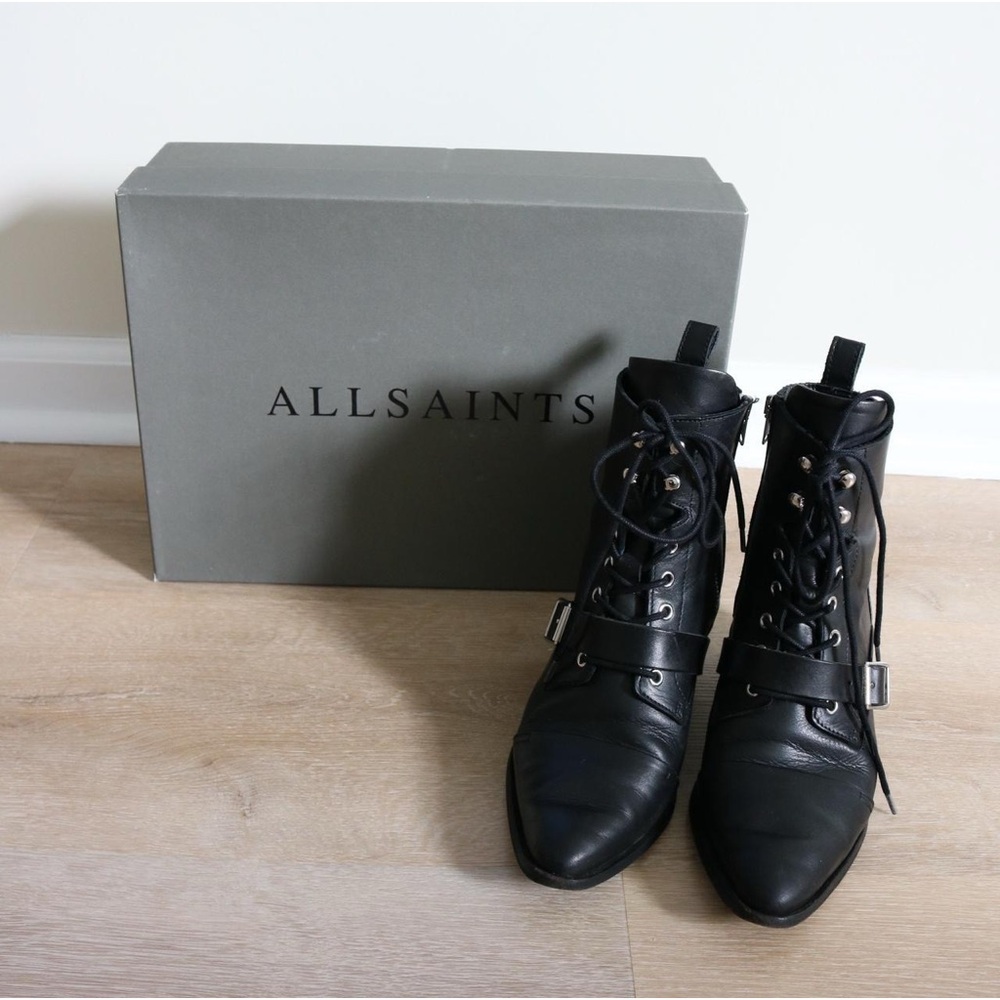 AllSaints Lace-Up Women’s Katy Black Leather Boots, Size 7